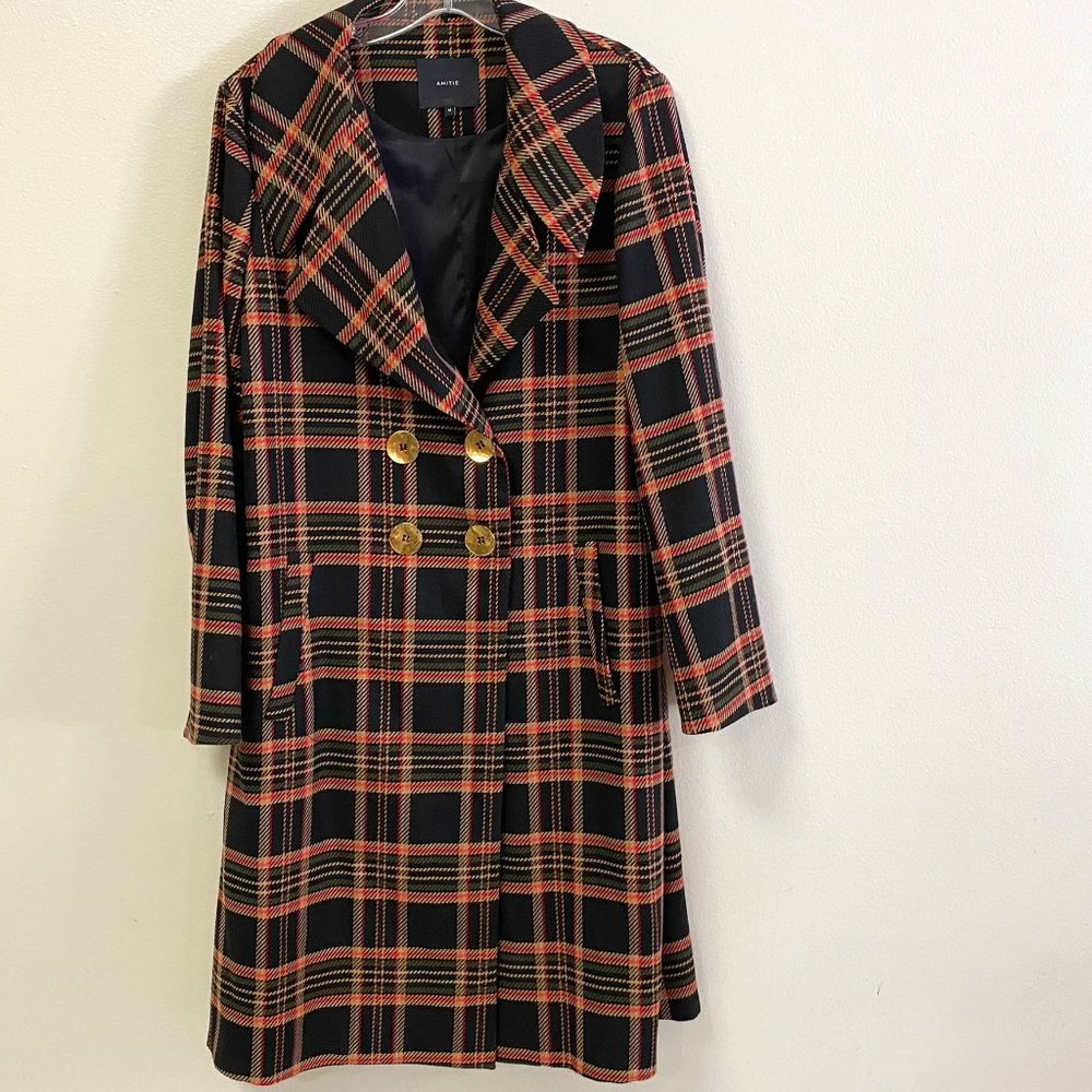 Amitié Plaid Blouse Trench Light Coat Jacket Multicolor Size M Golden Button